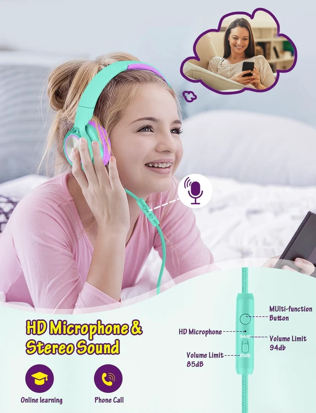 Alt view image 2 of 6 - Kids Headphones with Microphone, Wired Over Ear Headsets with Limited Volume 85dB/ 94dB for Boys Girls Teens Children Online School/Travel/iPad/Tablet/Cellphone