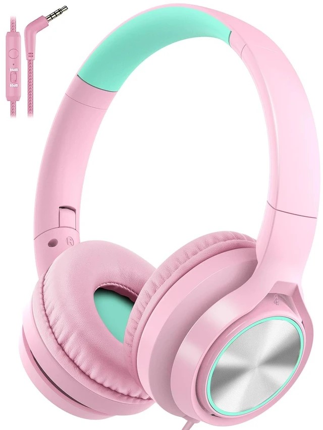Main image of Kids Headphones with Microphone, Wired Over Ear Headsets with Limited Volume 85dB/ 94dB for Boys Girls Teens Children Online School/Travel/iPad/Tablet/Cellphone Pink