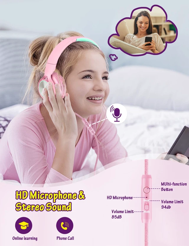 Alt view image 2 of 7 - Kids Headphones with Microphone, Wired Over Ear Headsets with Limited Volume 85dB/ 94dB for Boys Girls Teens Children Online School/Travel/iPad/Tablet/Cellphone Pink