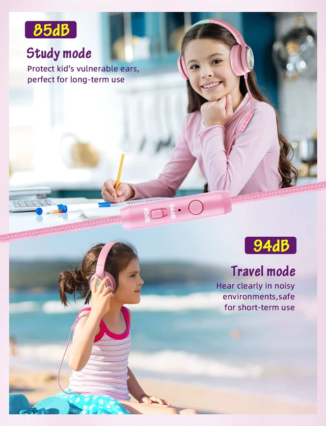 Alt view image 4 of 7 - Kids Headphones with Microphone, Wired Over Ear Headsets with Limited Volume 85dB/ 94dB for Boys Girls Teens Children Online School/Travel/iPad/Tablet/Cellphone Pink