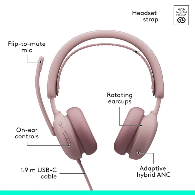 Alt view image 6 of 7 - Zone Wired 2 Noise Canceling Headset with Adaptive Hybrid - Rose Noise-canceling, USB-C connection, USB-A adapter included