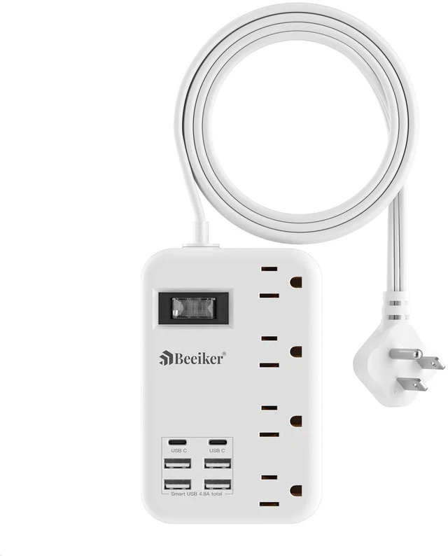 Main image of 6 USB (2 USB C) Travel Power Strip,3 Feet,4 Outlets,Flat Plug 6 USB,4.8A 24W USB Charging Station,Extension Cord 3 Ft,Portable for Travel Cruise Office College Dorm,Short Extension Cord