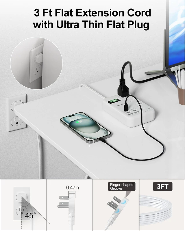 Alt view image 5 of 7 - 6 USB (2 USB C) Travel Power Strip,3 Feet,4 Outlets,Flat Plug 6 USB,4.8A 24W USB Charging Station,Extension Cord 3 Ft,Portable for Travel Cruise Office College Dorm,Short Extension Cord