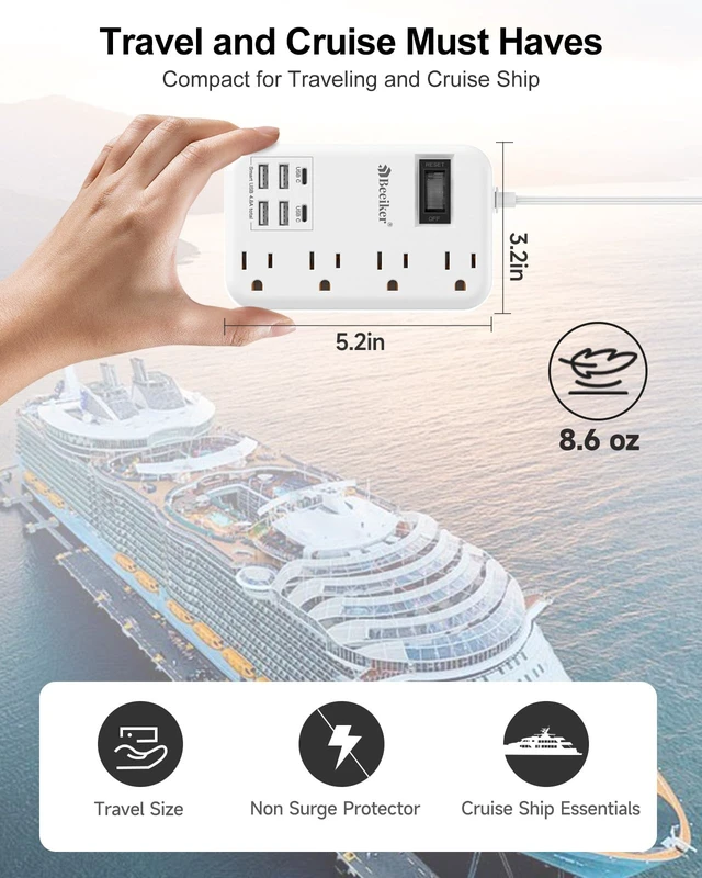 Alt view image 3 of 7 - 6 USB (2 USB C) Travel Power Strip,3 Feet,4 Outlets,Flat Plug 6 USB,4.8A 24W USB Charging Station,Extension Cord 3 Ft,Portable for Travel Cruise Office College Dorm,Short Extension Cord