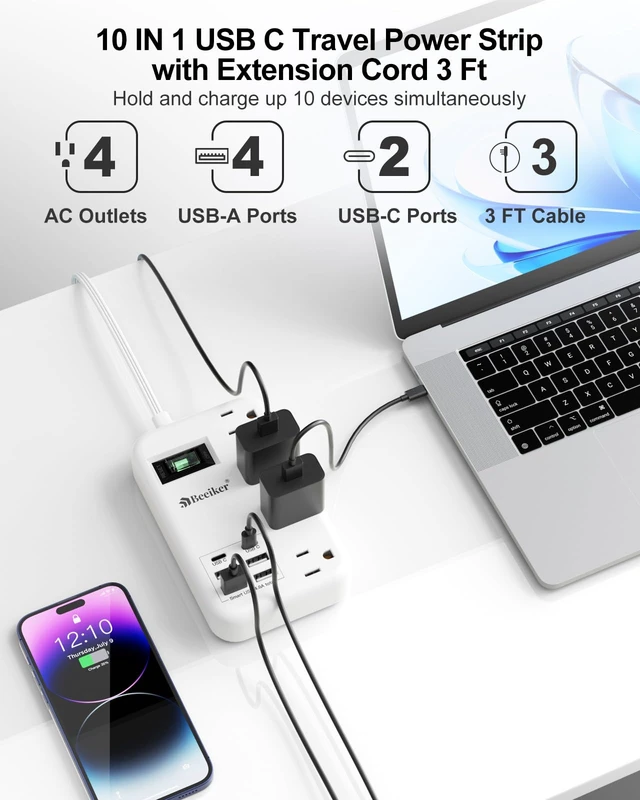 Alt view image 4 of 7 - 6 USB (2 USB C) Travel Power Strip,3 Feet,4 Outlets,Flat Plug 6 USB,4.8A 24W USB Charging Station,Extension Cord 3 Ft,Portable for Travel Cruise Office College Dorm,Short Extension Cord