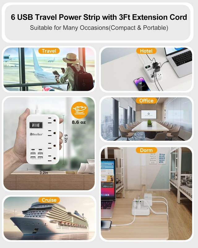 Alt view image 7 of 7 - 6 USB (2 USB C) Travel Power Strip,3 Feet,4 Outlets,Flat Plug 6 USB,4.8A 24W USB Charging Station,Extension Cord 3 Ft,Portable for Travel Cruise Office College Dorm,Short Extension Cord