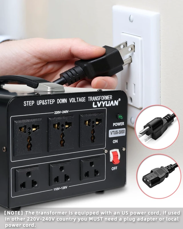 Alt view image 5 of 7 - 3000 Watt Voltage Converter Transformer Heavy Duty Step Up/Down AC 110V/120V/220V/240V Power Converter with 3 US Outlets, 3 Universal Outlets, Resettable Circuit Breaker Protection