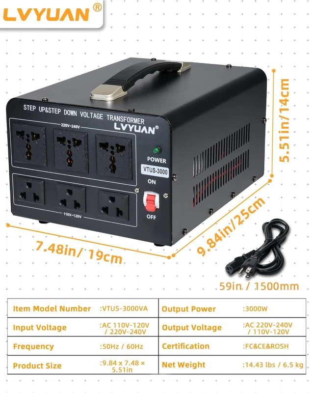 Alt view image 7 of 7 - 3000 Watt Voltage Converter Transformer Heavy Duty Step Up/Down AC 110V/120V/220V/240V Power Converter with 3 US Outlets, 3 Universal Outlets, Resettable Circuit Breaker Protection