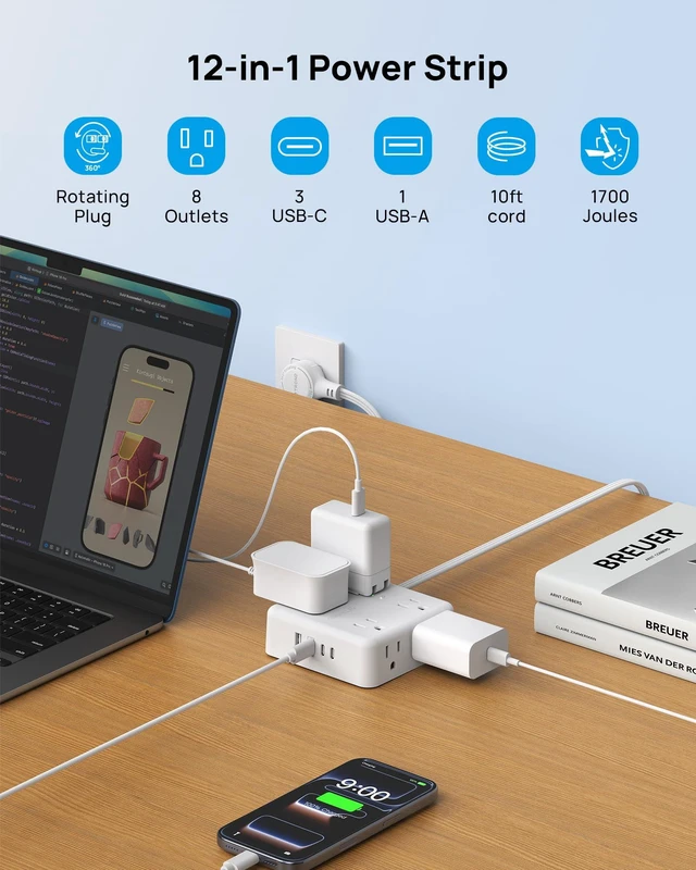 Alt view image 3 of 7 - 360° Rotating Flat Plug Power Strip 10ft, 8 AC & 4 USB (3C1U), White Flat Extension Cord 1625W, 1700J Surge Protector with USB Ports, Wall Mountable, for Home Office Dorm Room Essentials
