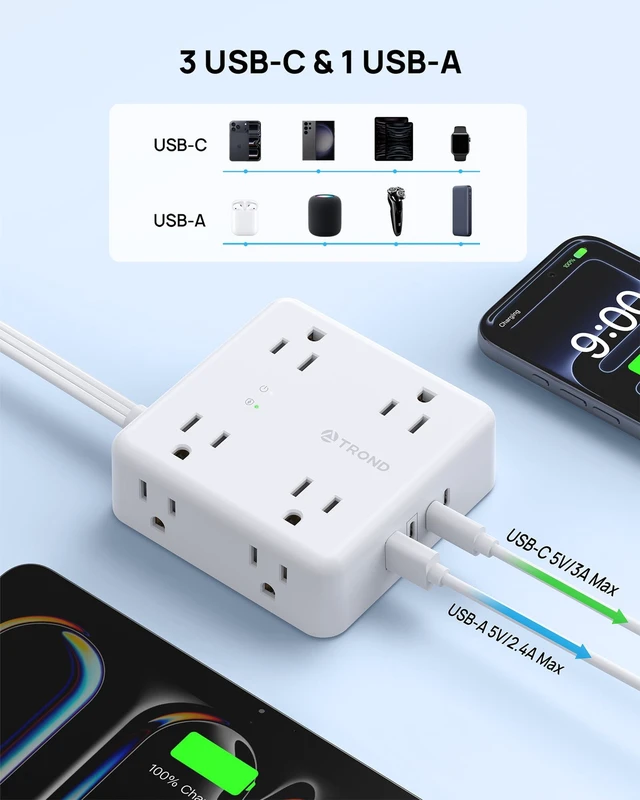 Alt view image 4 of 7 - 360° Rotating Flat Plug Power Strip 10ft, 8 AC & 4 USB (3C1U), White Flat Extension Cord 1625W, 1700J Surge Protector with USB Ports, Wall Mountable, for Home Office Dorm Room Essentials