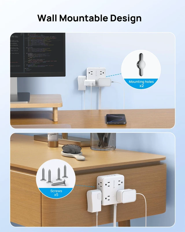 Alt view image 5 of 7 - 360° Rotating Flat Plug Power Strip 10ft, 8 AC & 4 USB (3C1U), White Flat Extension Cord 1625W, 1700J Surge Protector with USB Ports, Wall Mountable, for Home Office Dorm Room Essentials