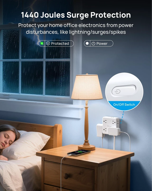 Alt view image 6 of 7 - 360° Rotating Flat Plug Power Strip 10ft, 8 AC & 4 USB (3C1U), White Flat Extension Cord 1625W, 1700J Surge Protector with USB Ports, Wall Mountable, for Home Office Dorm Room Essentials