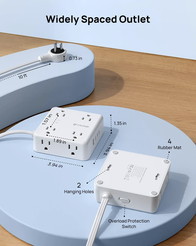 Alt view image 7 of 7 - 360° Rotating Flat Plug Power Strip 10ft, 8 AC & 4 USB (3C1U), White Flat Extension Cord 1625W, 1700J Surge Protector with USB Ports, Wall Mountable, for Home Office Dorm Room Essentials