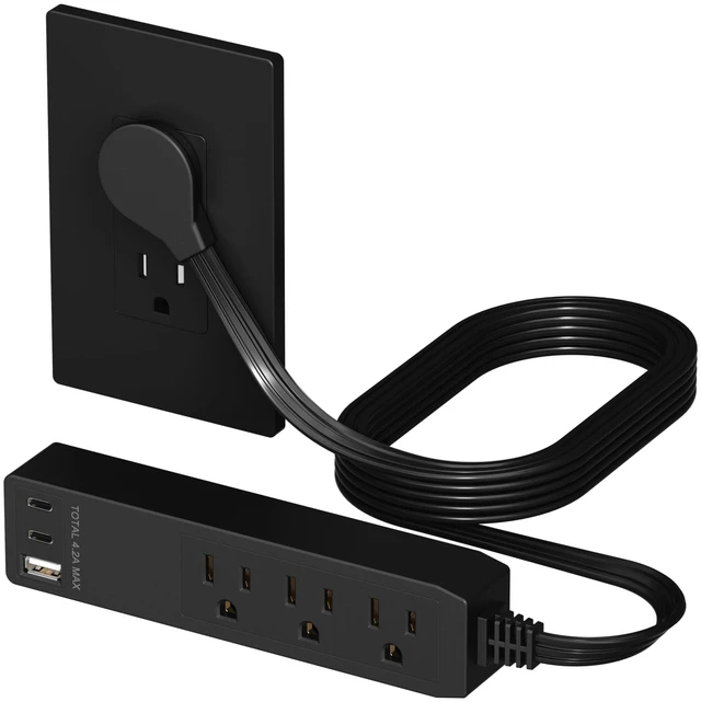 Main image of Outlet Extender with 3 Receptacles, USB-A & 2 USB-C Ports, Flat-Plug ETL Listed, 5ft Cord, 1250W, Matte Black, 3-Outlet Power Strip, Slim Angled Design, Cord Extender, Ultra-Thin