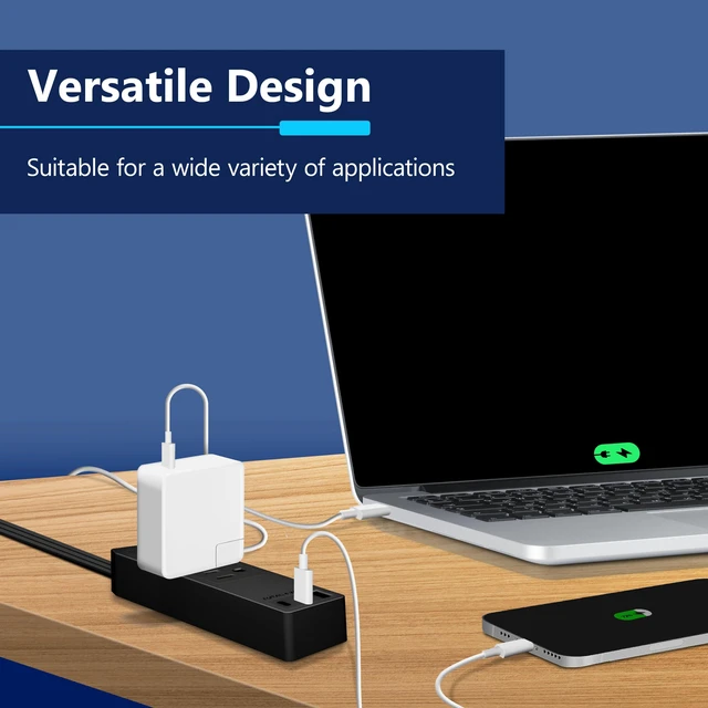 Alt view image 2 of 7 - Outlet Extender with 3 Receptacles, USB-A & 2 USB-C Ports, Flat-Plug ETL Listed, 5ft Cord, 1250W, Matte Black, 3-Outlet Power Strip, Slim Angled Design, Cord Extender, Ultra-Thin