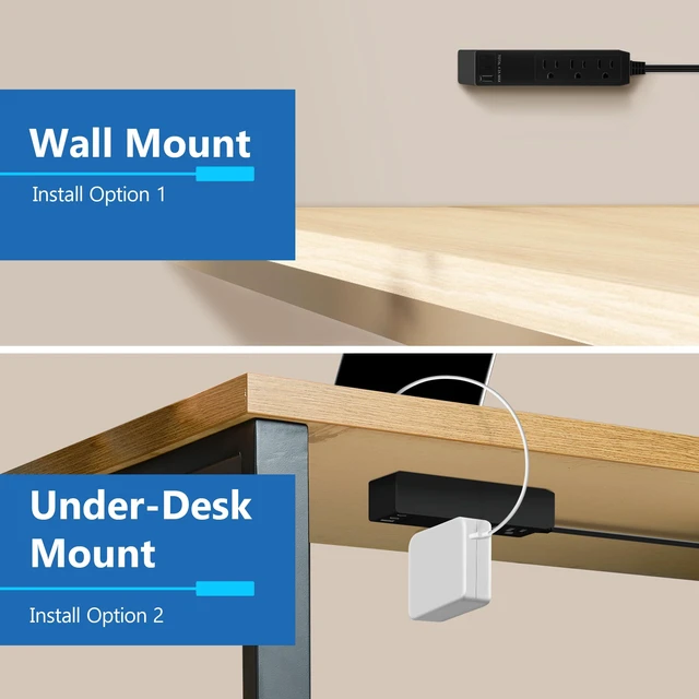 Alt view image 4 of 7 - Outlet Extender with 3 Receptacles, USB-A & 2 USB-C Ports, Flat-Plug ETL Listed, 5ft Cord, 1250W, Matte Black, 3-Outlet Power Strip, Slim Angled Design, Cord Extender, Ultra-Thin