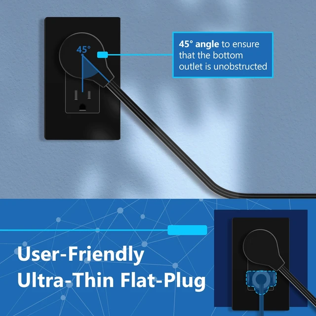 Alt view image 7 of 7 - Outlet Extender with 3 Receptacles, USB-A & 2 USB-C Ports, Flat-Plug ETL Listed, 5ft Cord, 1250W, Matte Black, 3-Outlet Power Strip, Slim Angled Design, Cord Extender, Ultra-Thin