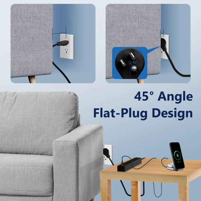 Alt view image 5 of 7 - Outlet Extender with 3 Receptacles, USB-A & 2 USB-C Ports, Flat-Plug ETL Listed, 5ft Cord, 1250W, Matte Black, 3-Outlet Power Strip, Slim Angled Design, Cord Extender, Ultra-Thin