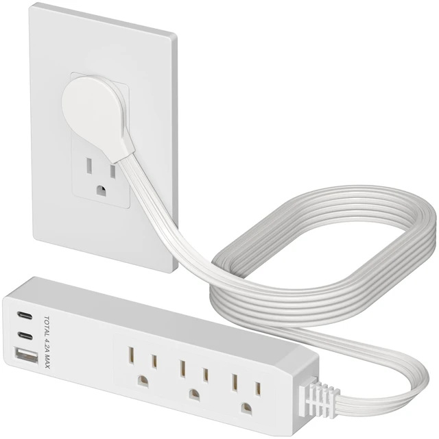 Main image of Outlet Extender with 3 Receptacles, USB-A & 2 USB-C Ports, Flat-Plug ETL Listed, 5ft Cord, 1250W, Matte White, 3-Outlet Power Strip, Slim Angled Design, Cord Extender, Ultra-Thin