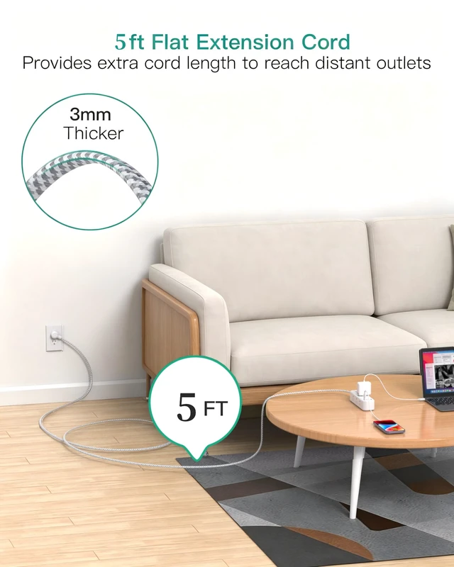 Alt view image 5 of 7 - Extension Cord, Surge Protector Power Strip, Long Power Strip with 9 Outlets 4 USB Ports, Extension Cord with Multiple Outlets, USB Power Strip for Dorm Room Essentials, College(5FT, White)