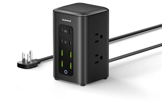 Main image of Power Strip Tower, 350W Charging Station with Multiple Devices 6 AC Outlets & 8 USB Ports(4 USB-C), Flat Plug, 5 FT Extension Cord for Home Office, Dorm Essentials, Black