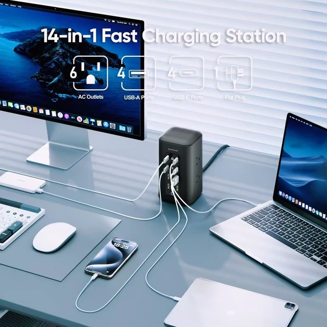 Alt view image 2 of 5 - Power Strip Tower, 350W Charging Station with Multiple Devices 6 AC Outlets & 8 USB Ports(4 USB-C), Flat Plug, 5 FT Extension Cord for Home Office, Dorm Essentials, Black