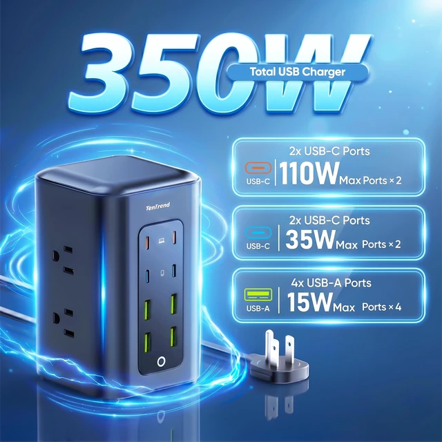 Alt view image 3 of 5 - Power Strip Tower, 350W Charging Station with Multiple Devices 6 AC Outlets & 8 USB Ports(4 USB-C), Flat Plug, 5 FT Extension Cord for Home Office, Dorm Essentials, Black