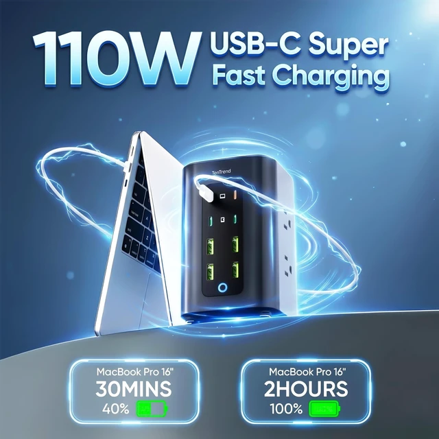 Alt view image 4 of 5 - Power Strip Tower, 350W Charging Station with Multiple Devices 6 AC Outlets & 8 USB Ports(4 USB-C), Flat Plug, 5 FT Extension Cord for Home Office, Dorm Essentials, Black