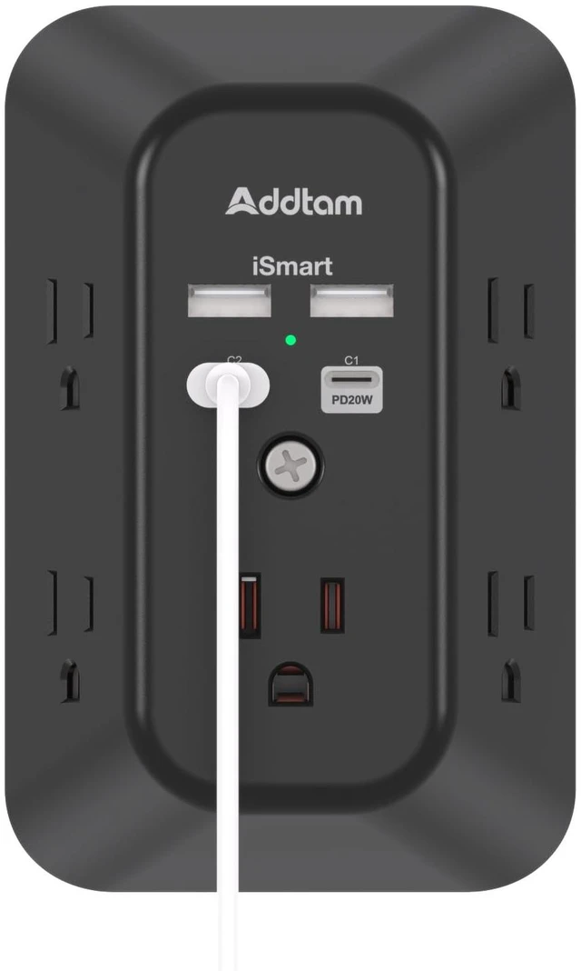 Main image of 5-Outlet Extender Surge Protector, Multi Plug Wall Outlet with 4 USB Wall Charger(PD 20W), Plug Extension Outlet 1800J, Outlet Splitter Power Strip for Home Office Dorm Room Essentials, Black