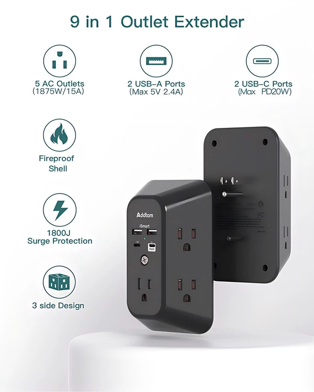 Alt view image 2 of 7 - 5-Outlet Extender Surge Protector, Multi Plug Wall Outlet with 4 USB Wall Charger(PD 20W), Plug Extension Outlet 1800J, Outlet Splitter Power Strip for Home Office Dorm Room Essentials, Black