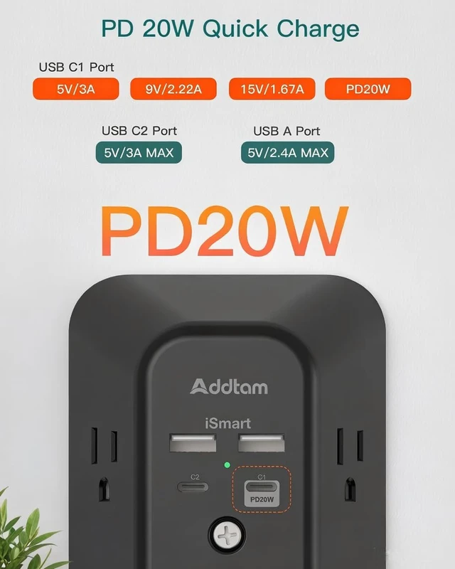 Alt view image 3 of 7 - 5-Outlet Extender Surge Protector, Multi Plug Wall Outlet with 4 USB Wall Charger(PD 20W), Plug Extension Outlet 1800J, Outlet Splitter Power Strip for Home Office Dorm Room Essentials, Black