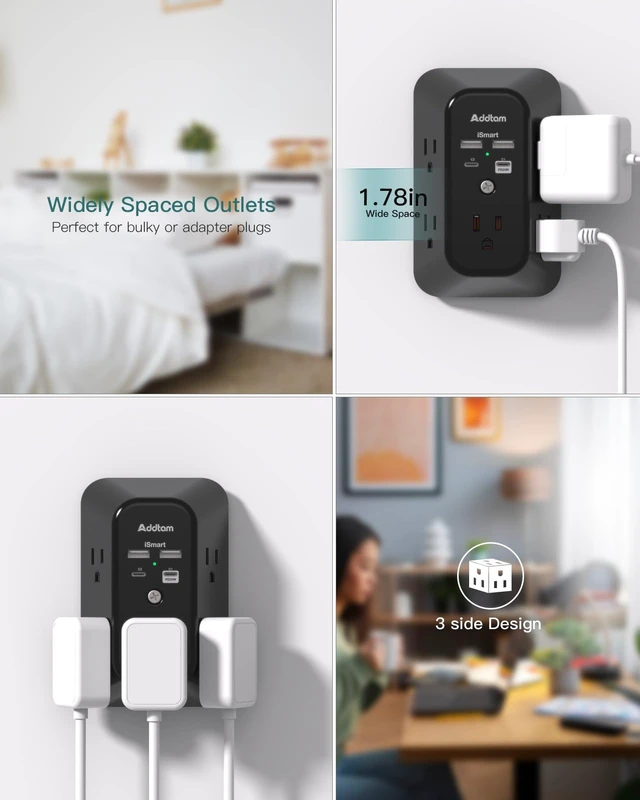 Alt view image 4 of 7 - 5-Outlet Extender Surge Protector, Multi Plug Wall Outlet with 4 USB Wall Charger(PD 20W), Plug Extension Outlet 1800J, Outlet Splitter Power Strip for Home Office Dorm Room Essentials, Black