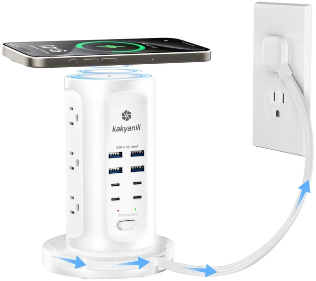 Main image of 30W USB Charging Station, Power Strip Tower with 9 AC 8 USB 6Ft Flat Plug Retractable Extension Cord, for Home Office Dorm, White
