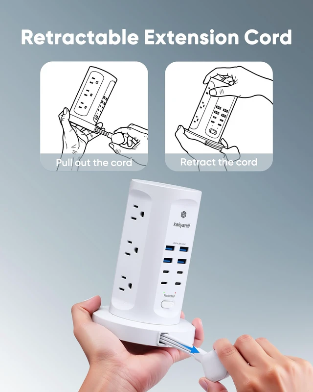 Alt view image 2 of 7 - 30W USB Charging Station, Power Strip Tower with 9 AC 8 USB 6Ft Flat Plug Retractable Extension Cord, for Home Office Dorm, White