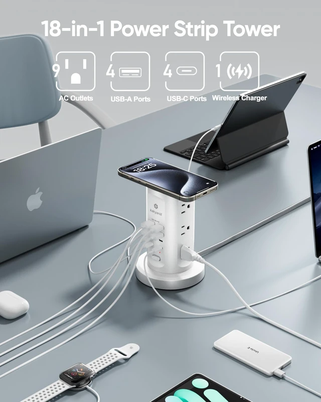 Alt view image 3 of 7 - 30W USB Charging Station, Power Strip Tower with 9 AC 8 USB 6Ft Flat Plug Retractable Extension Cord, for Home Office Dorm, White