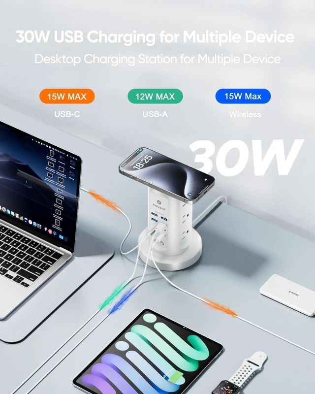 Alt view image 4 of 7 - 30W USB Charging Station, Power Strip Tower with 9 AC 8 USB 6Ft Flat Plug Retractable Extension Cord, for Home Office Dorm, White