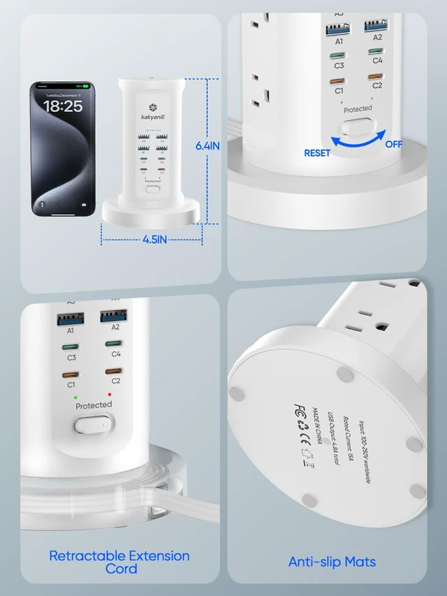 Alt view image 6 of 7 - 30W USB Charging Station, Power Strip Tower with 9 AC 8 USB 6Ft Flat Plug Retractable Extension Cord, for Home Office Dorm, White