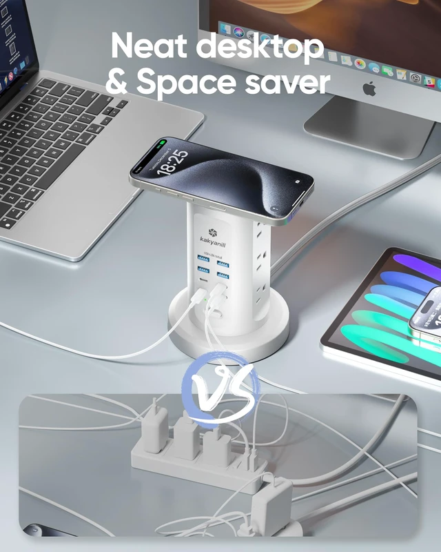 Alt view image 5 of 7 - 30W USB Charging Station, Power Strip Tower with 9 AC 8 USB 6Ft Flat Plug Retractable Extension Cord, for Home Office Dorm, White