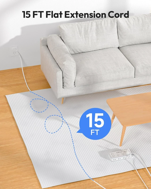 Alt view image 2 of 7 - Flat Extension Cord 15 FT, Long Power Strip with 10 Widely Outlets 4 USB Ports (2 USB C), 3 Side, 2700J, Wall Mount Multiple Outlets for Home Office, White, SurgePro