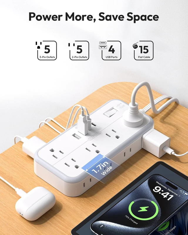 Alt view image 3 of 7 - Flat Extension Cord 15 FT, Long Power Strip with 10 Widely Outlets 4 USB Ports (2 USB C), 3 Side, 2700J, Wall Mount Multiple Outlets for Home Office, White, SurgePro