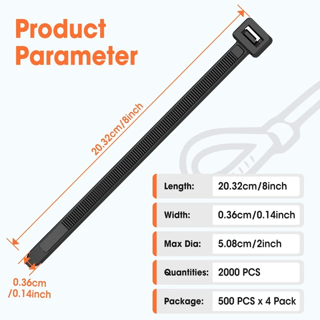 Alt view image 2 of 7 - 2000 PCS Zip Ties 8 Inch, Cable Ties 40lbs Tensile Strength, Black Zip Ties for Indoor and Outdoor Use, UV Resistant Wire Ties