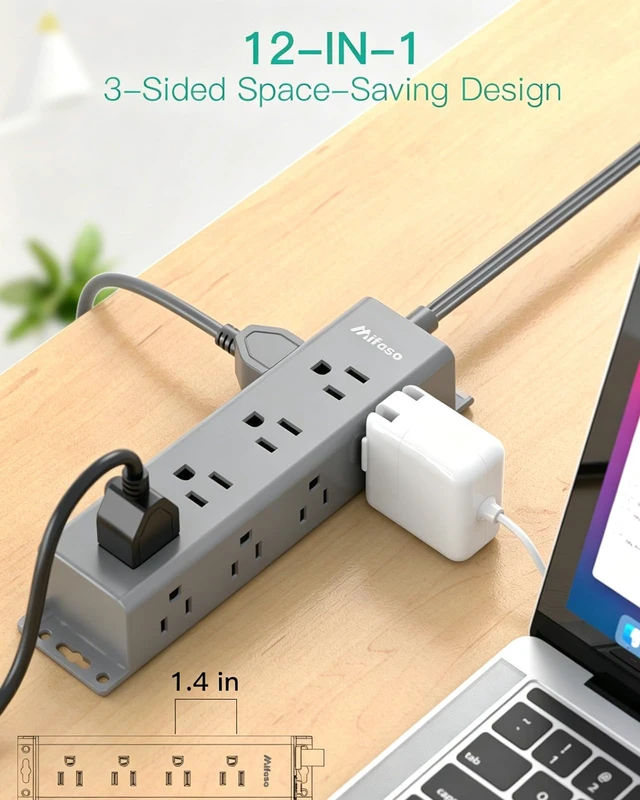 Alt view image 2 of 6 - Surge Protector Power Strip, 12 Widely Spaced Multi Outlets, Wall Mount 3 Side Outlet Extender with Extension Cord, Flat Plug, Overload Protection, Home Office Dorm Room Essentials (10FT, Gray)
