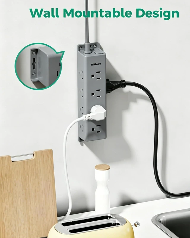 Alt view image 3 of 6 - Surge Protector Power Strip, 12 Widely Spaced Multi Outlets, Wall Mount 3 Side Outlet Extender with Extension Cord, Flat Plug, Overload Protection, Home Office Dorm Room Essentials (10FT, Gray)