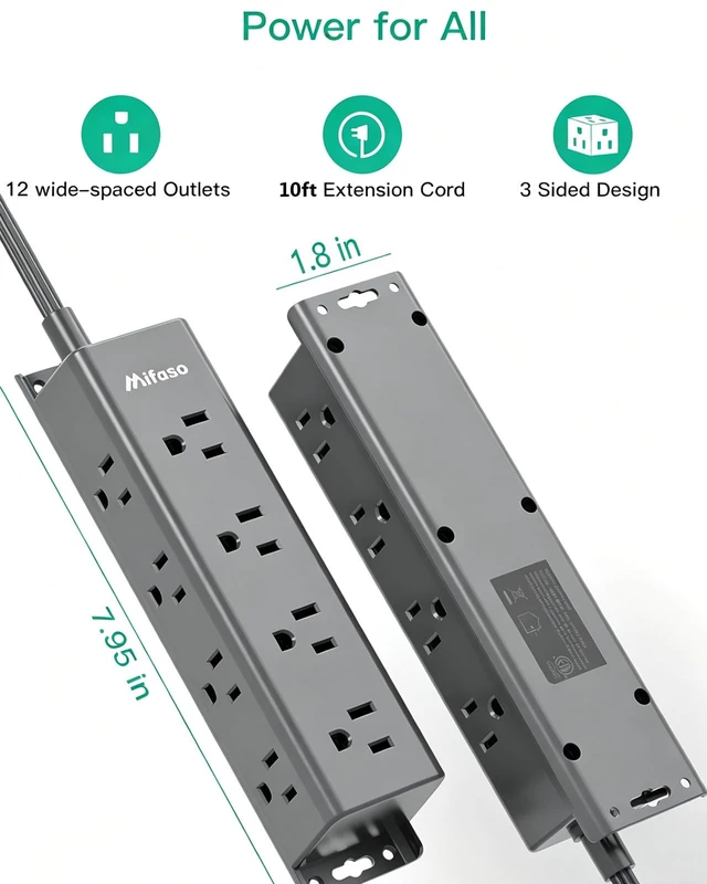Alt view image 6 of 6 - Surge Protector Power Strip, 12 Widely Spaced Multi Outlets, Wall Mount 3 Side Outlet Extender with Extension Cord, Flat Plug, Overload Protection, Home Office Dorm Room Essentials (10FT, Gray)