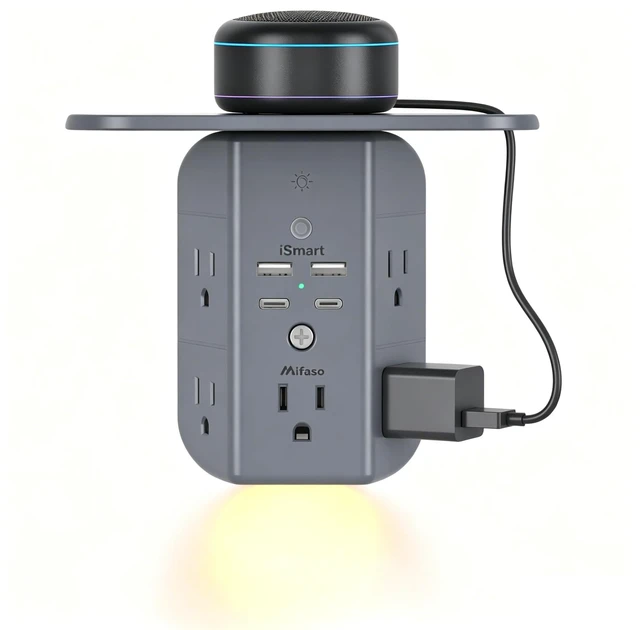 Main image of Wall Outlet Extender with Shelf and Night Light, Surge Protector, USB Wall Charger with 5 AC Outlets and 2 USB A Ports 2 USB C Ports Wide Space 3-Sided Power Strip Multi Plug Outlets, Gray