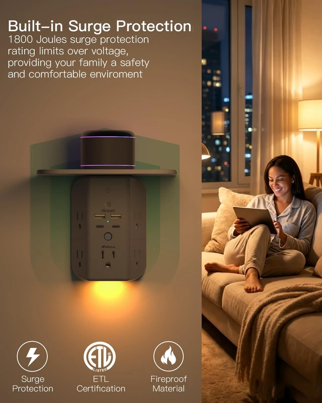Alt view image 3 of 7 - Wall Outlet Extender with Shelf and Night Light, Surge Protector, USB Wall Charger with 5 AC Outlets and 2 USB A Ports 2 USB C Ports Wide Space 3-Sided Power Strip Multi Plug Outlets, Gray