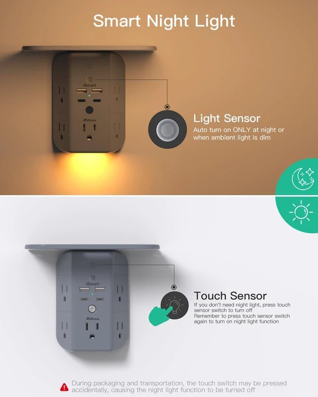 Alt view image 4 of 7 - Wall Outlet Extender with Shelf and Night Light, Surge Protector, USB Wall Charger with 5 AC Outlets and 2 USB A Ports 2 USB C Ports Wide Space 3-Sided Power Strip Multi Plug Outlets, Gray