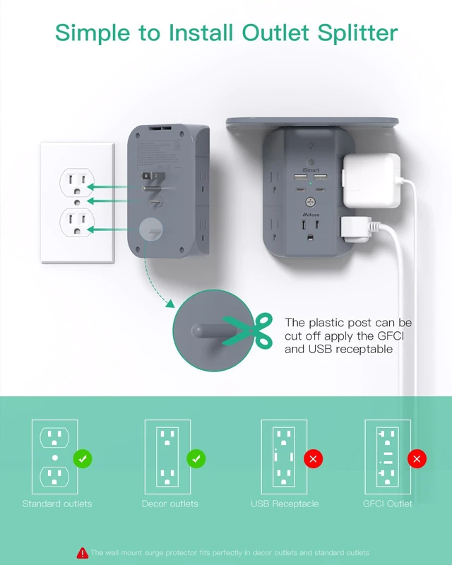 Alt view image 7 of 7 - Wall Outlet Extender with Shelf and Night Light, Surge Protector, USB Wall Charger with 5 AC Outlets and 2 USB A Ports 2 USB C Ports Wide Space 3-Sided Power Strip Multi Plug Outlets, Gray