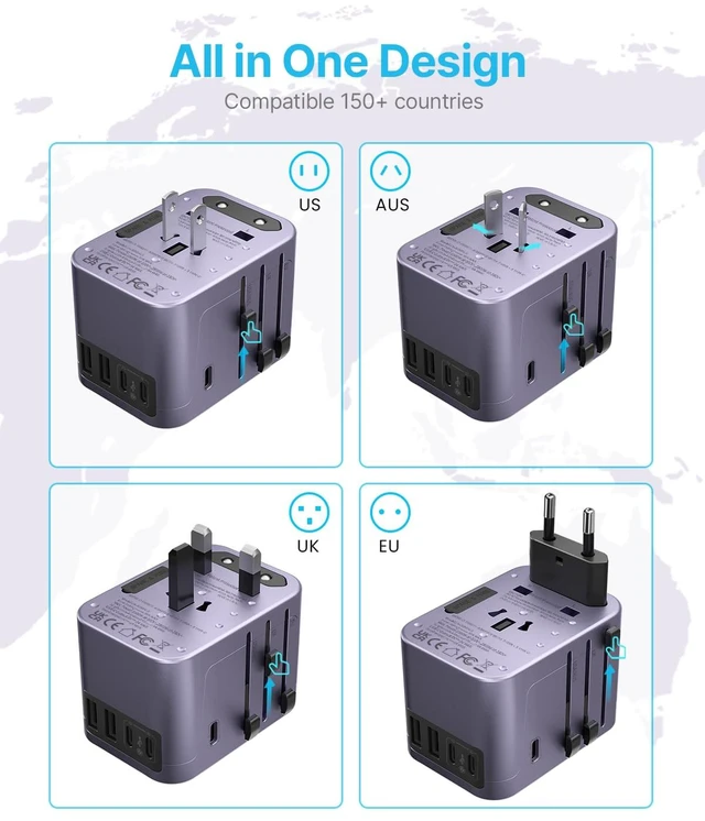 Alt view image 2 of 7 - Universal Travel Adapter 30W, 6-in-1 with 3 USB-C & 2 USB-A, Purple International Power Adapter with Compact Design, All-in-One Travel Essentials Plug Adapter for EU/UK/US/AU, Type C/G/A/I