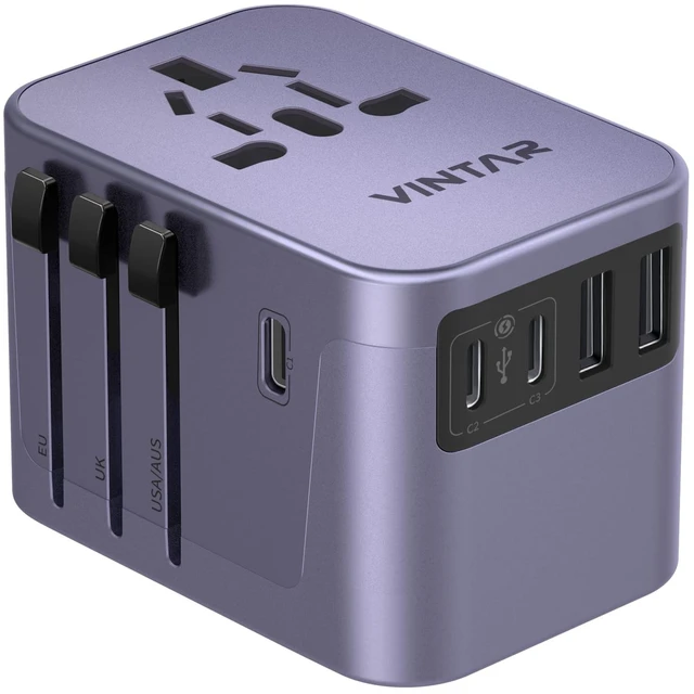 Main image of Universal Travel Adapter 30W, 6-in-1 with 3 USB-C & 2 USB-A, Purple International Power Adapter with Compact Design, All-in-One Travel Essentials Plug Adapter for EU/UK/US/AU, Type C/G/A/I